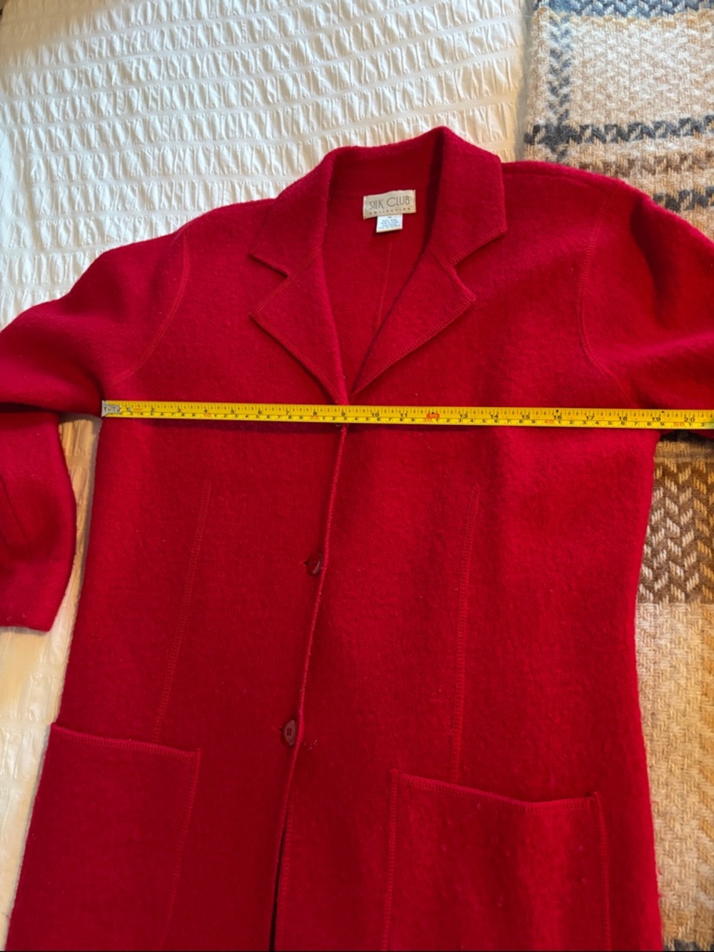 Silk Club Red Long Open Collar Coat 100%Wool Lightweight - Picture 7 of 9